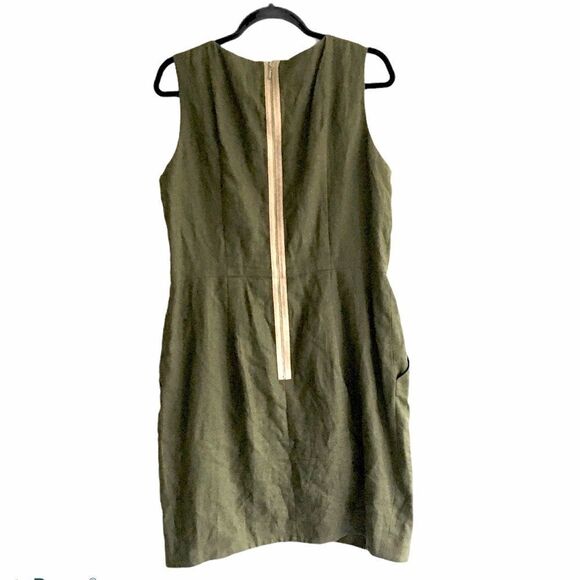 ROSS MAYER Linen Sleeveless Midi Sheath Dress Olive Green 14 - Picture 4 of 8